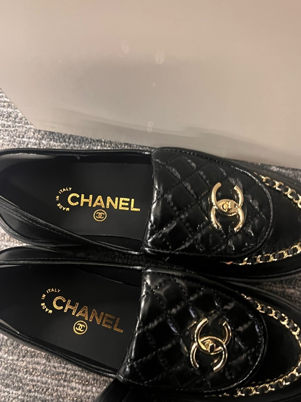 CHANEL Black Quilted Leather Chain Trim Loafers - Picture 4 of 4